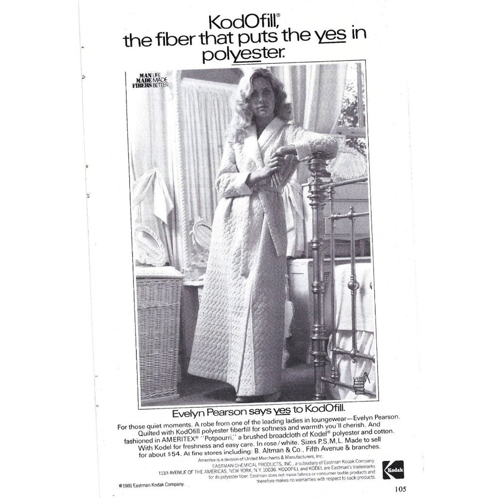 Evelyn Pearson KodOfill Kodak Polyester Fashion 1980s Vintage Print Ad 9 inch